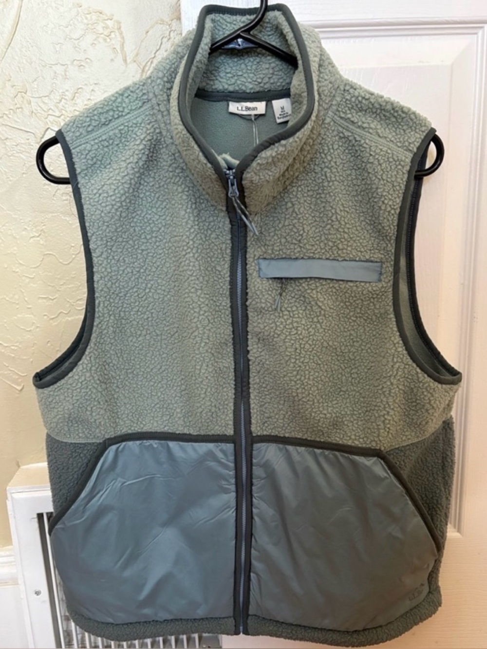 L.L. Bean Sage Green Sherpa Fleece Vest with Gray Trim